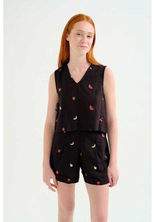 Top 100% algodón negro con bordado  de Ensalada de frutas