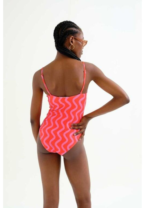 Bañador escote recto estampado  Wave Red & Pink