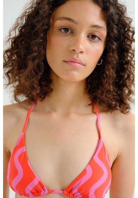 Top bikini tringular estampado Wave ÇRed & Pink