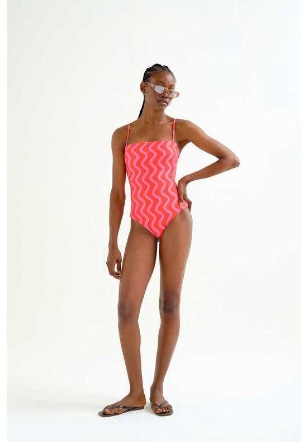 Bañador escote recto estampado  Wave Red & Pink