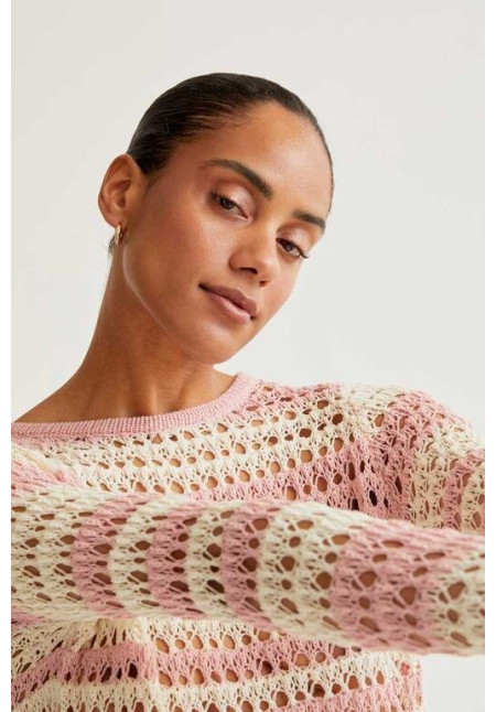 Top de punto calado con rayas blanco y rosa