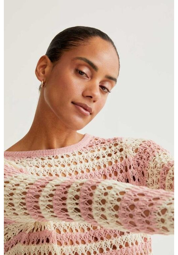 Top de punto calado con rayas blanco y rosa