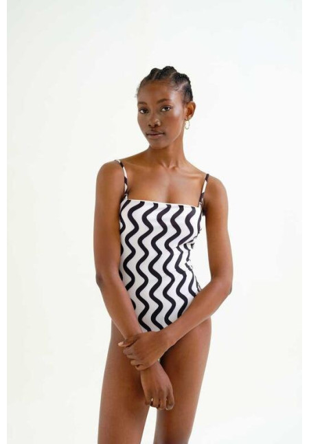 Bañador escote recto estampado Wave Black & White